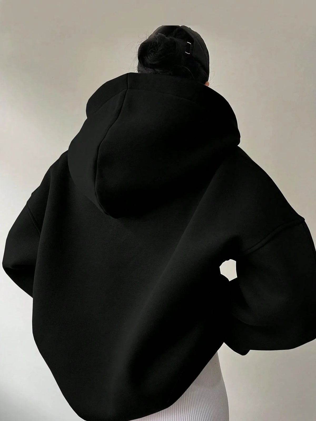 Signature Oversized Notch Neck Fleece Hoodie in Black – view 3