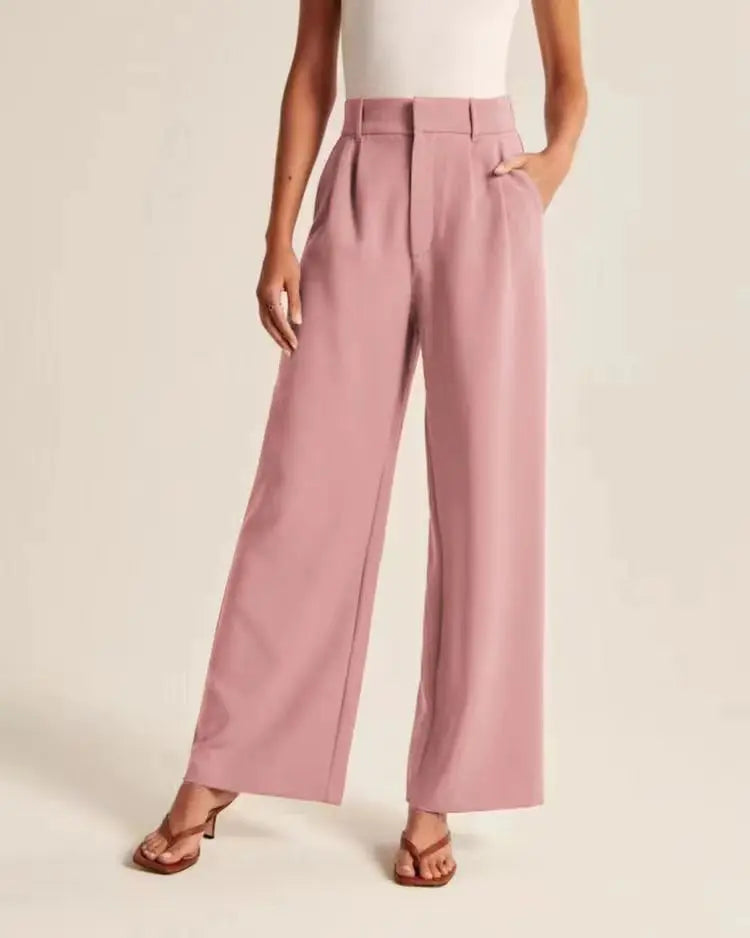 Classic Pleated High Waist Wide Leg Trousers in Pink