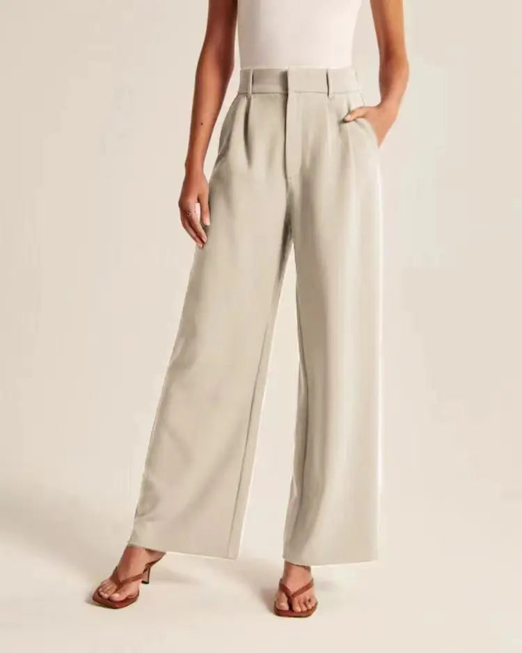 Classic Pleated High Waist Wide Leg Trousers in Beige