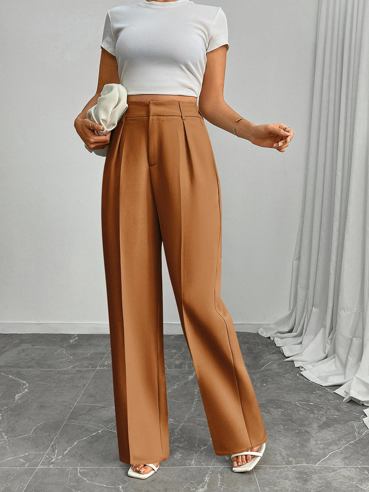 Pleat-Front Palazzo Trousers in Caramel – view 5