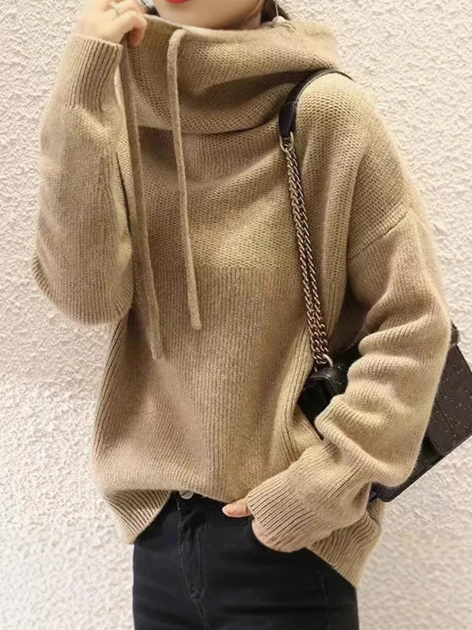 Signature Chunky Knit Drawstring Hoodie in Camel