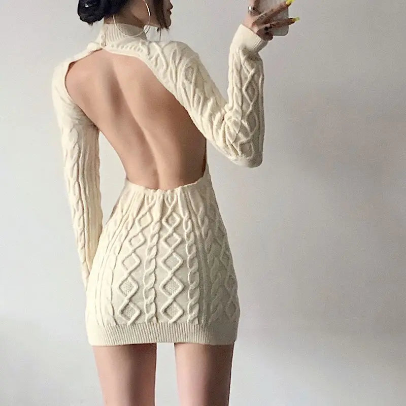 Signature Cable Knit Mini Sweater Dress in Cream Open Back