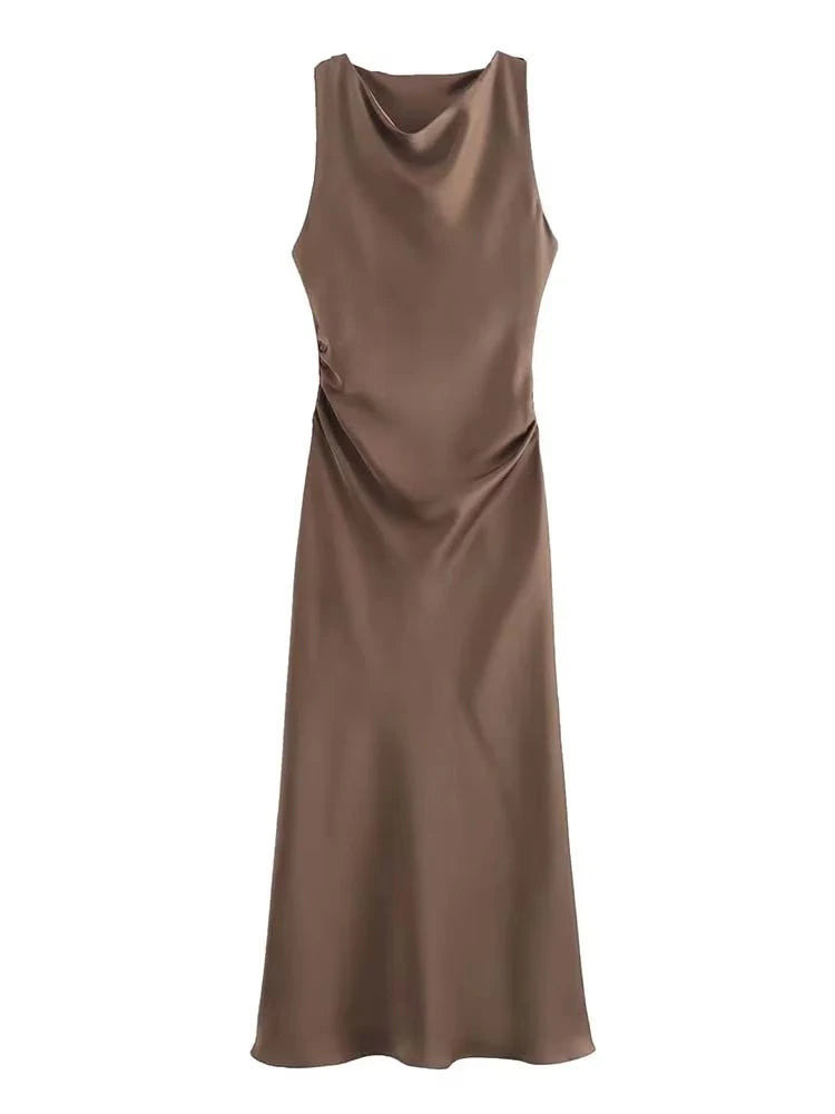 Signature Satin Cowl Neck Ruched Maxi Dress in Mocha – view 2