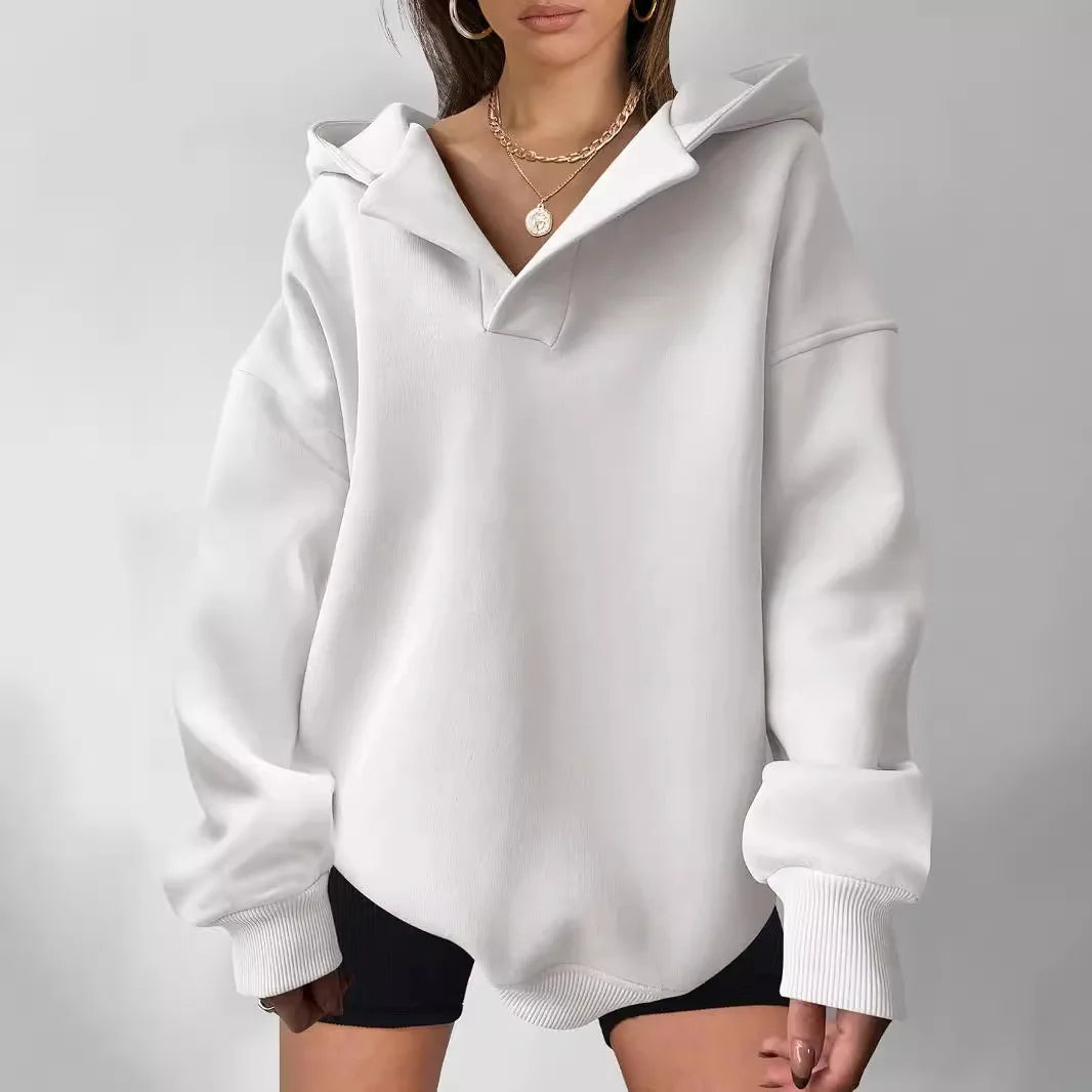 Signature Oversized Notch Neck Fleece Hoodie in Off-White – view 2