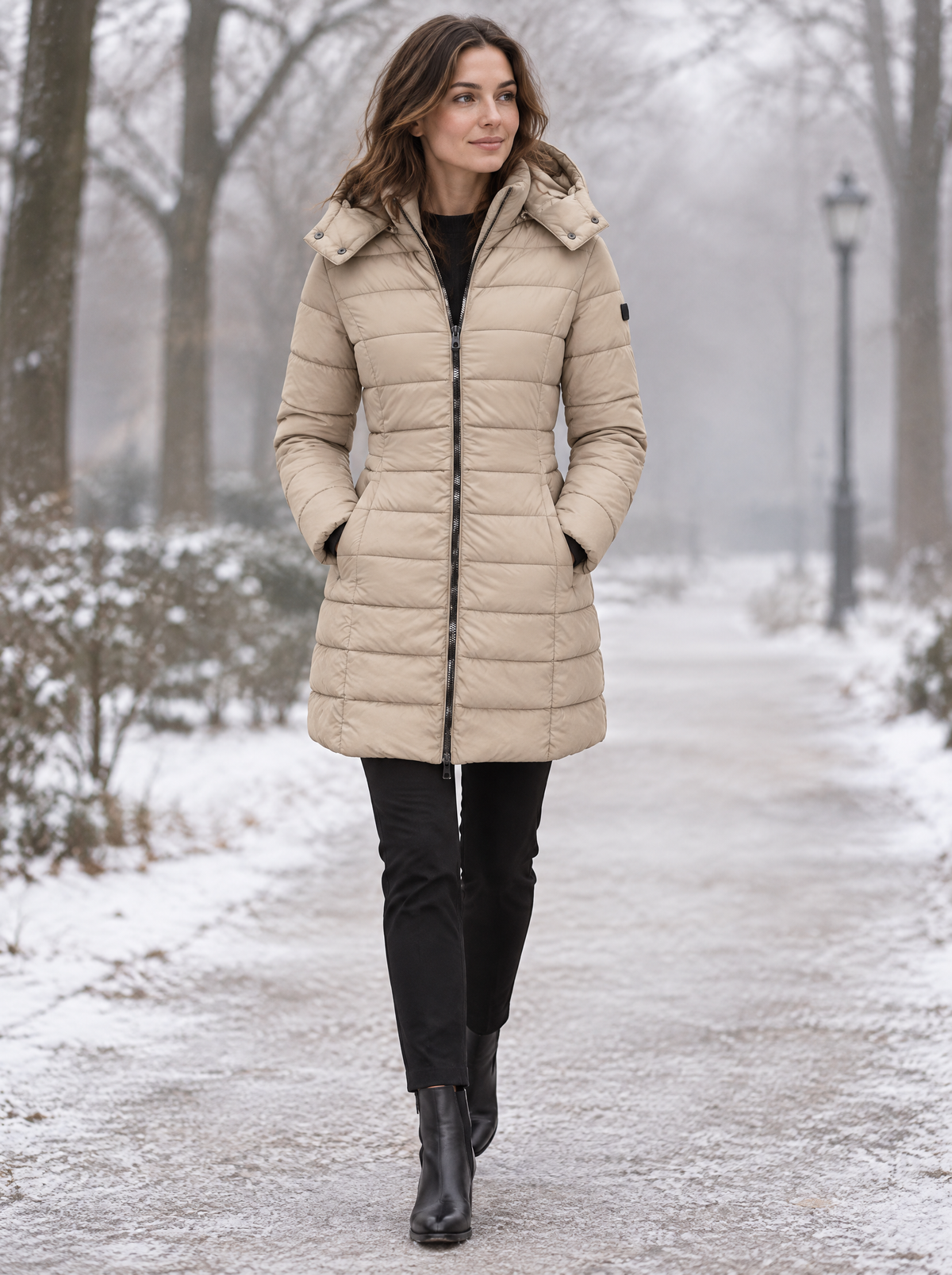 Classic Longline Hooded Puffer Coat in Beige – styled look