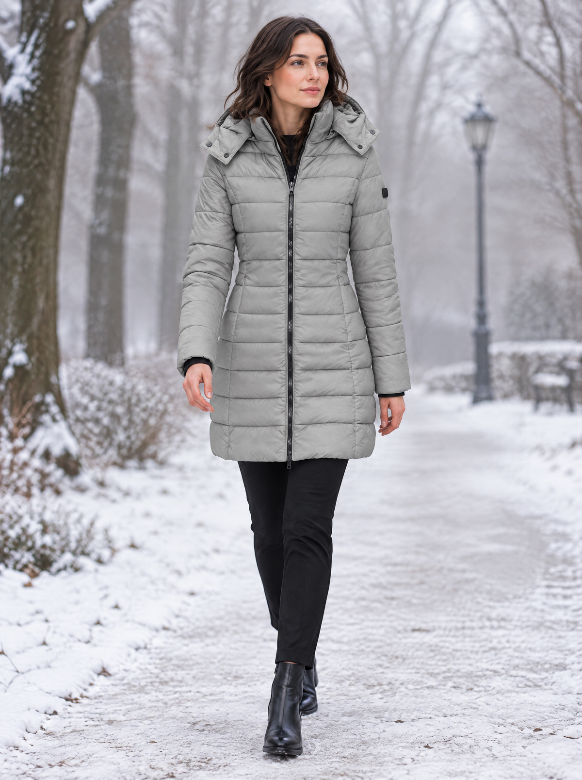 Classic Longline Hooded Puffer Coat in Grey – styled look