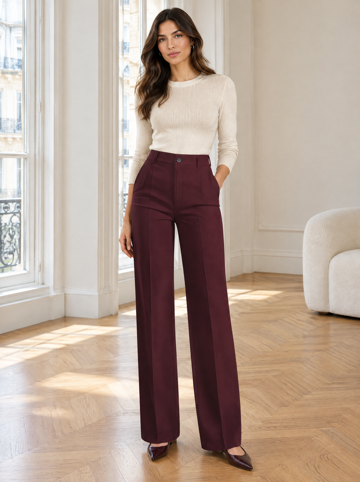 Essential High Waist Tailored Straight Leg Trousers in Burgundy – styled look