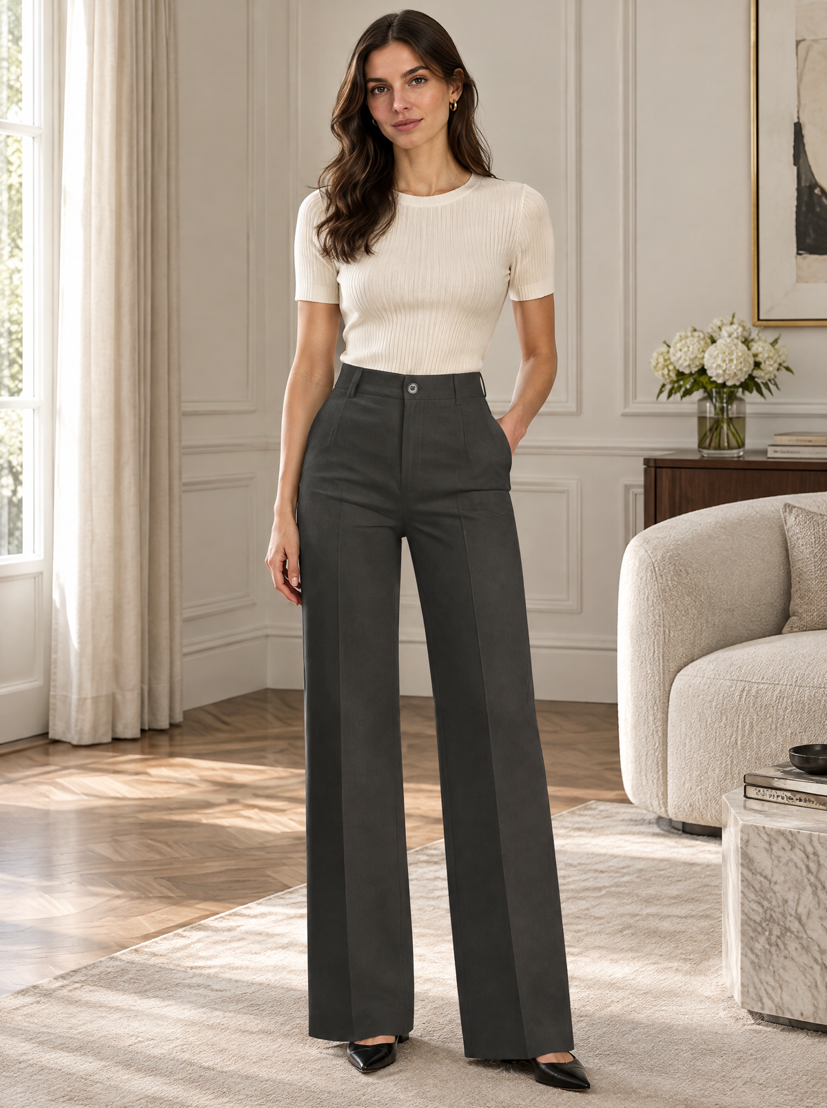 Essential High Waist Tailored Straight Leg Trousers in Charcoal – styled look