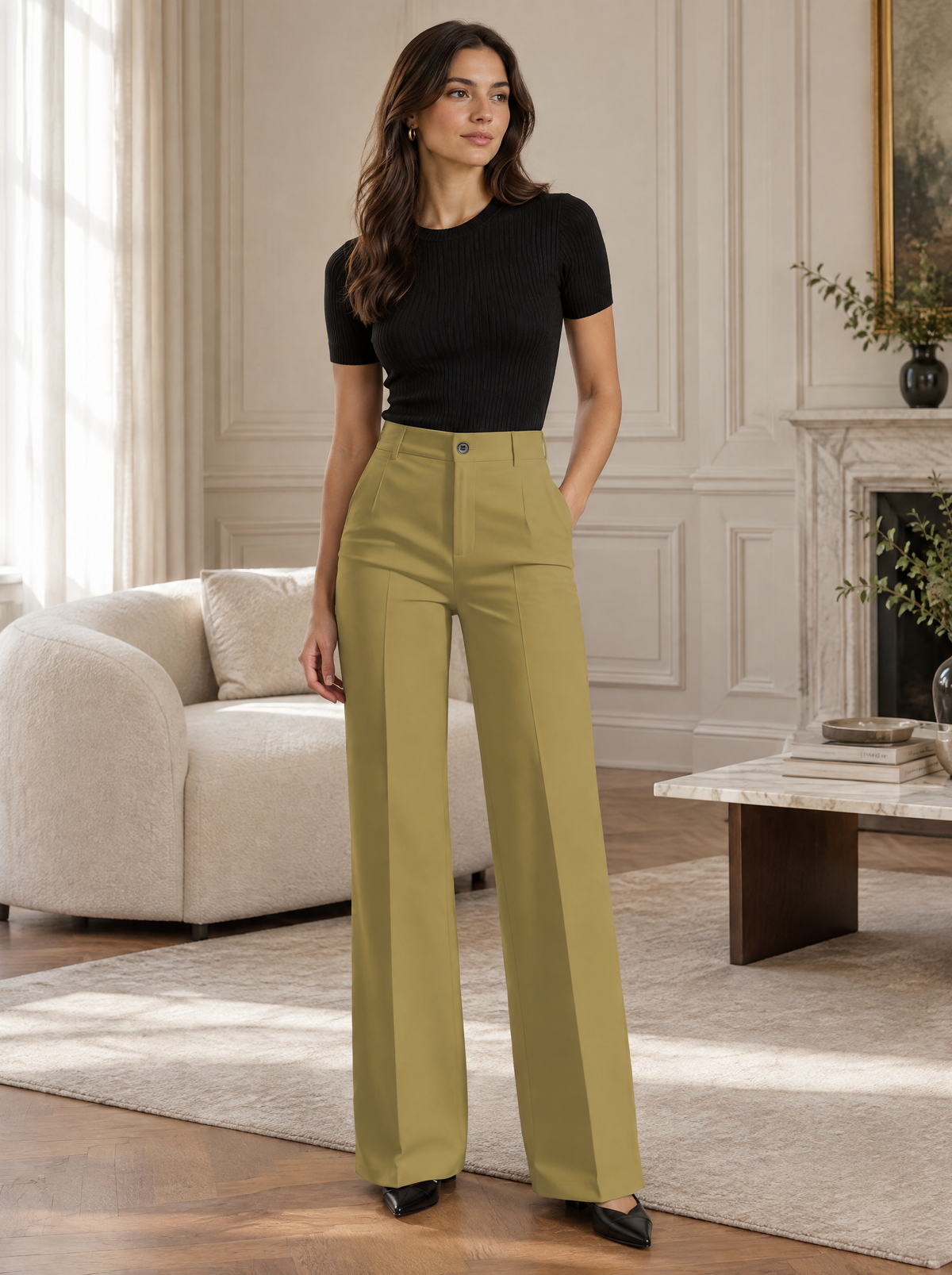 Essential High Waist Tailored Straight Leg Trousers in Khaki – styled look