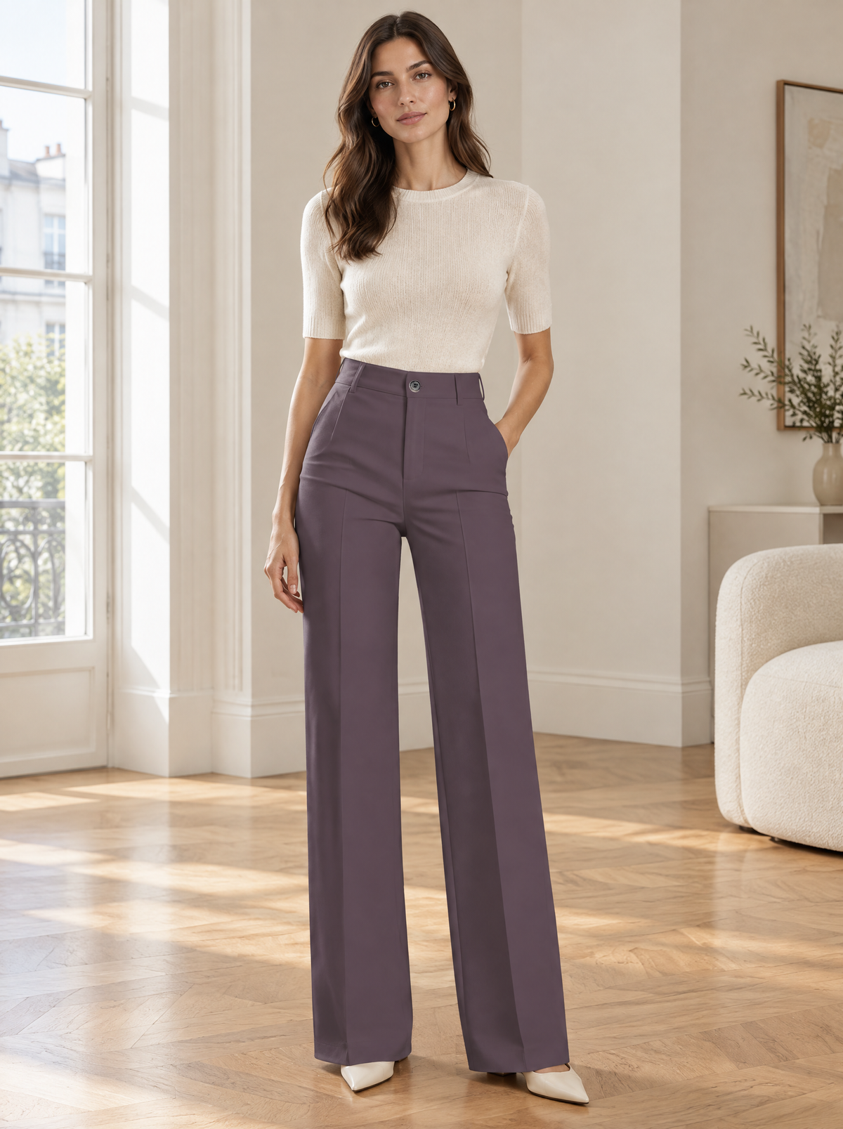 Essential High Waist Tailored Straight Leg Trousers in Mauve – styled look