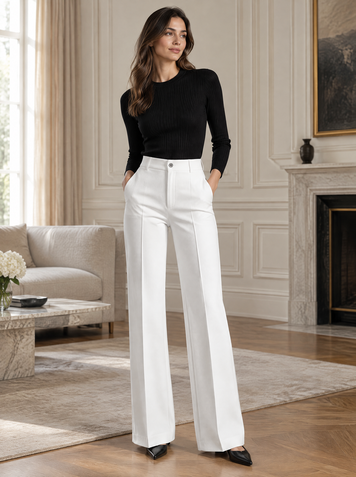 Essential High Waist Tailored Straight Leg Trousers in White – styled look