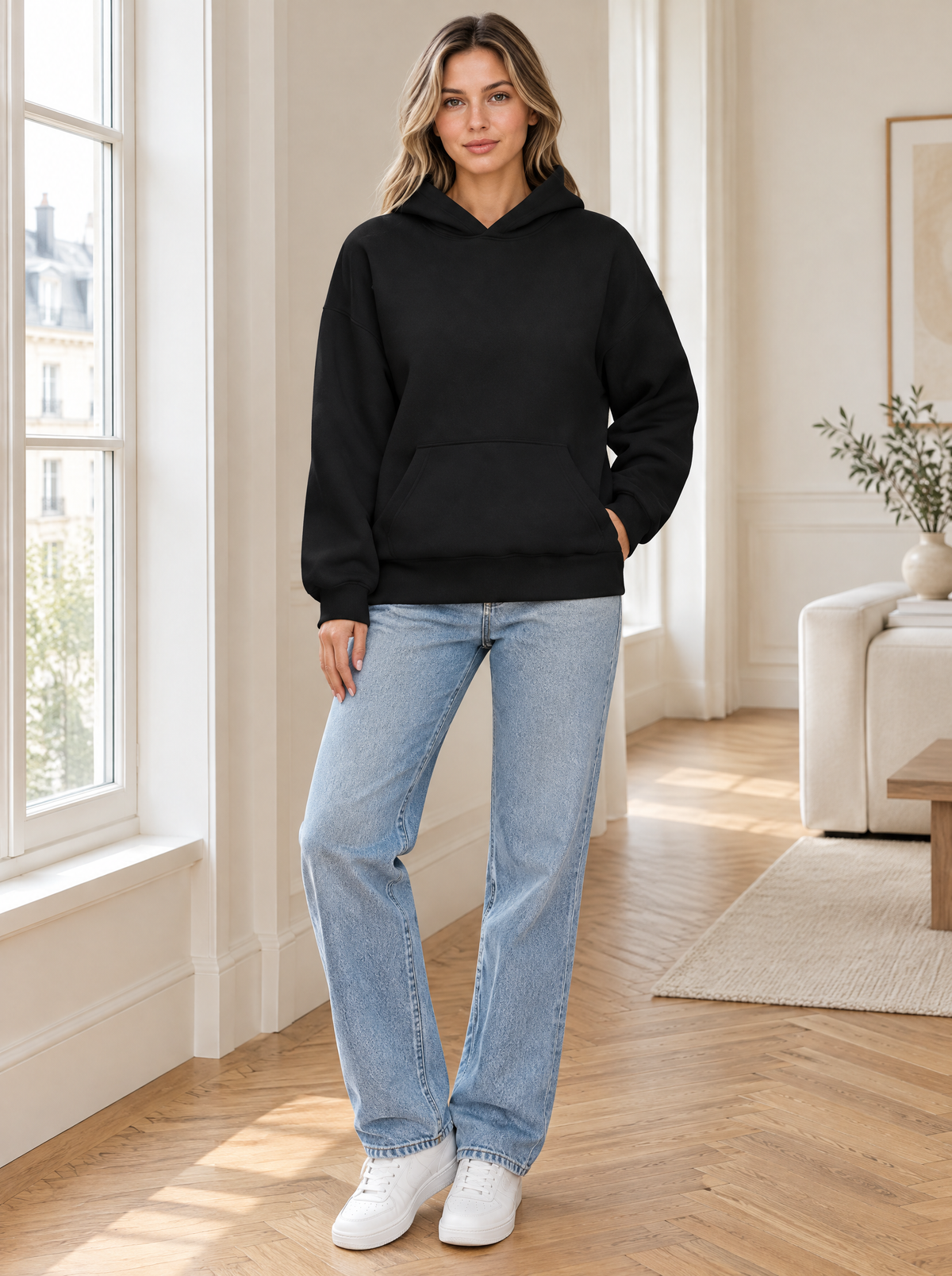 Essential Oversized Fleece Pullover Hoodie in Black – styled look