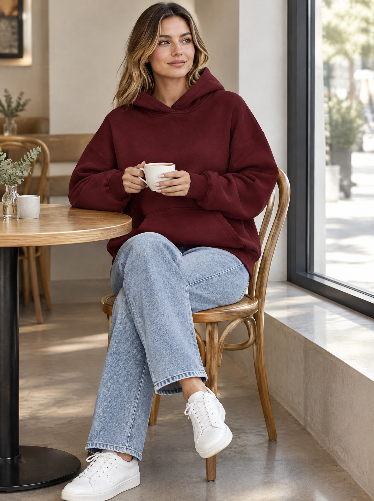 Essential Oversized Fleece Pullover Hoodie in Burgundy – styled look