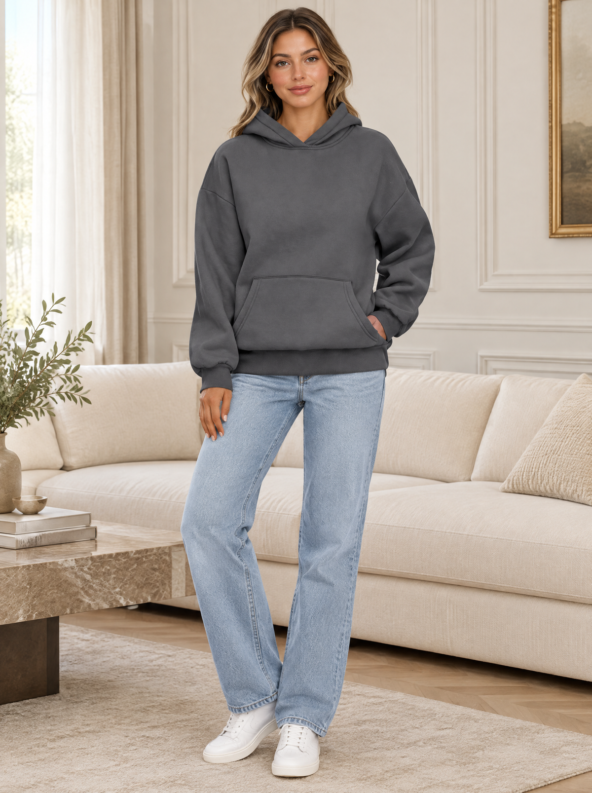 Essential Oversized Fleece Pullover Hoodie in Charcoal – styled look