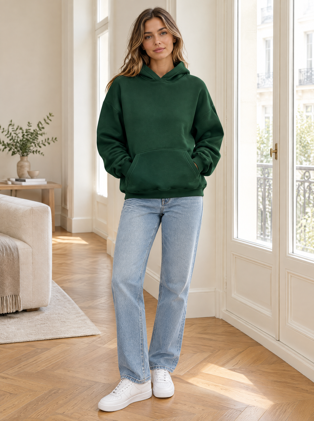 Essential Oversized Fleece Pullover Hoodie in Dark Green – styled look