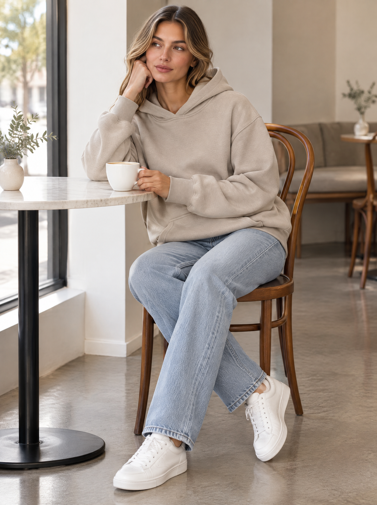 Essential Oversized Fleece Pullover Hoodie in Khaki – styled look