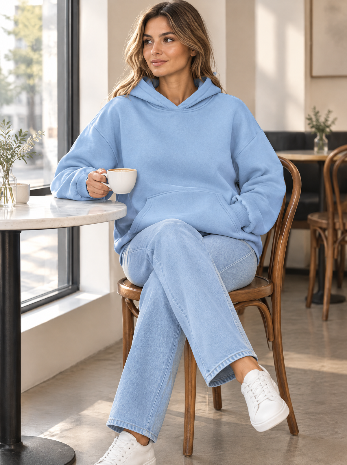Essential Oversized Fleece Pullover Hoodie in Light Blue – styled look