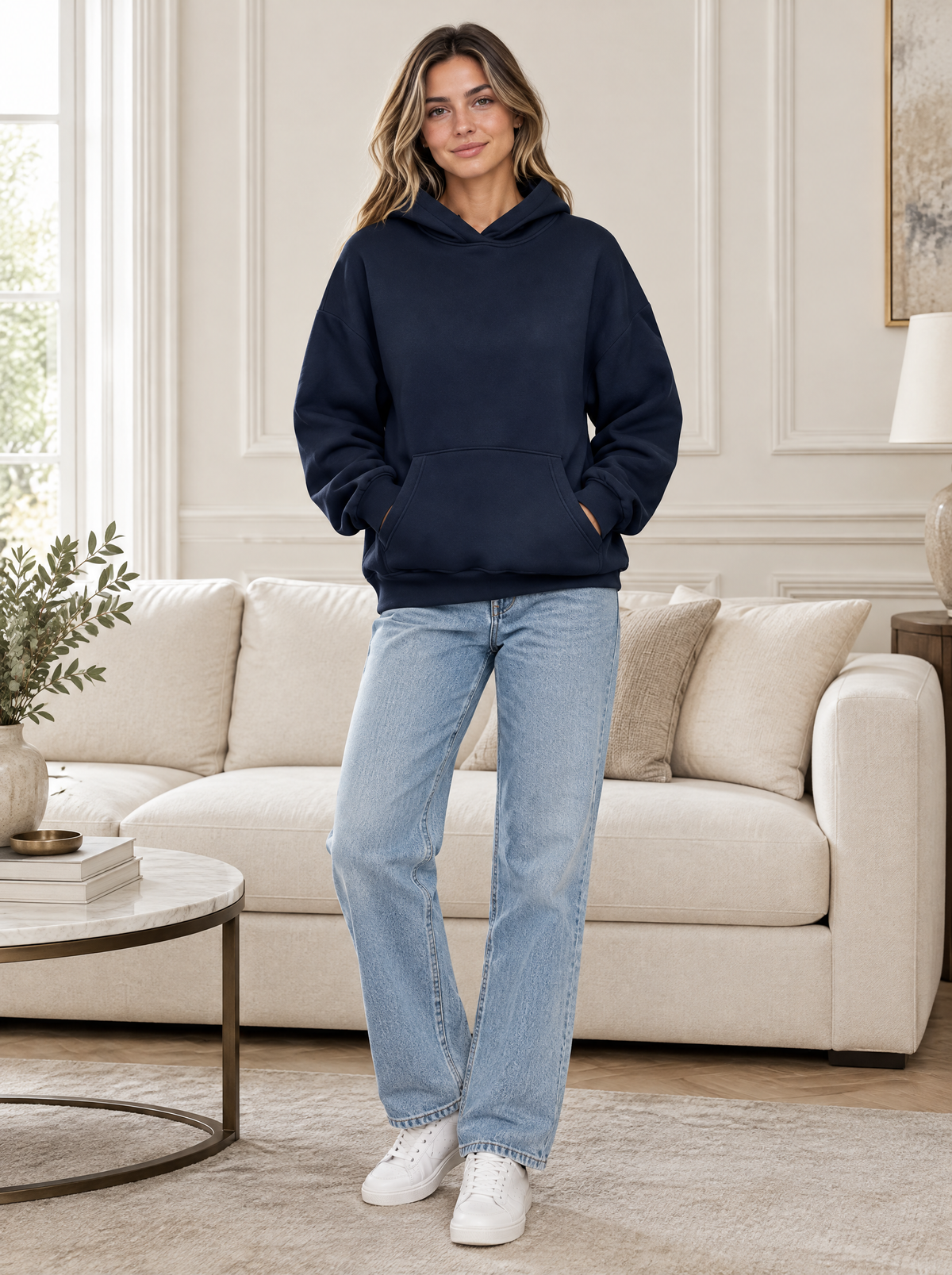 Essential Oversized Fleece Pullover Hoodie in Navy – styled look