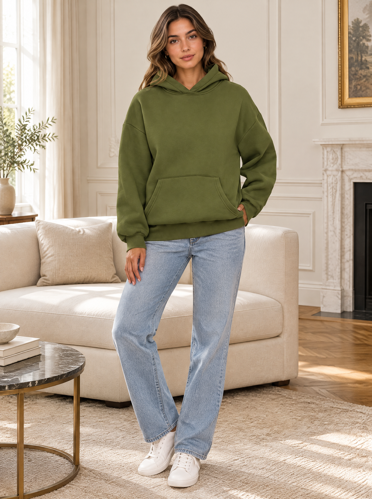 Essential Oversized Fleece Pullover Hoodie in Olive – styled look