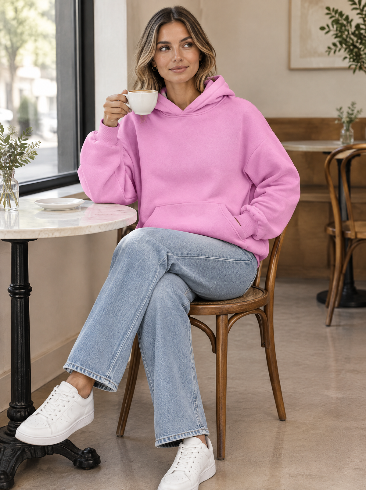 Essential Oversized Fleece Pullover Hoodie in Pink – styled look