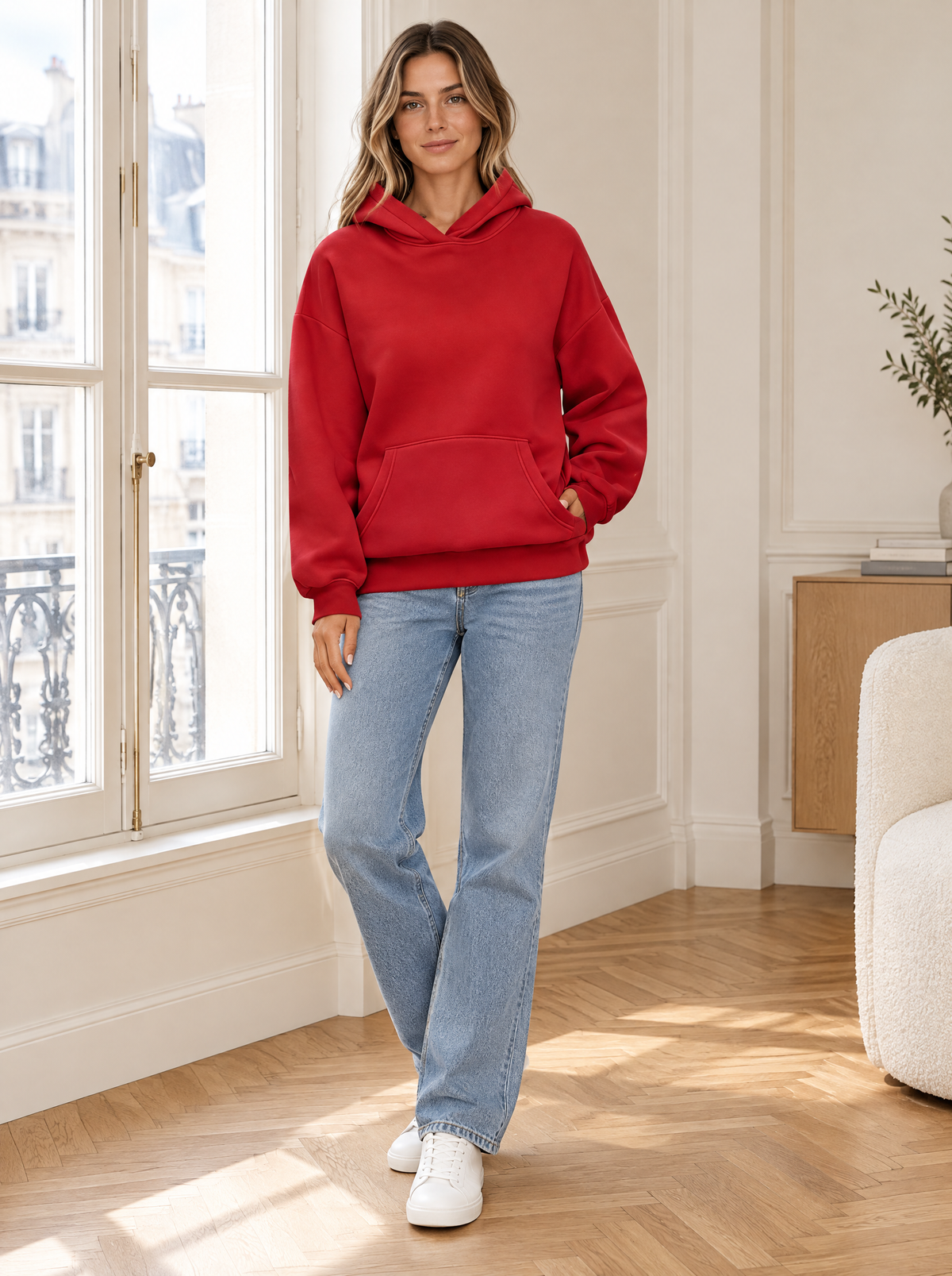 Essential Oversized Fleece Pullover Hoodie in Red – styled look