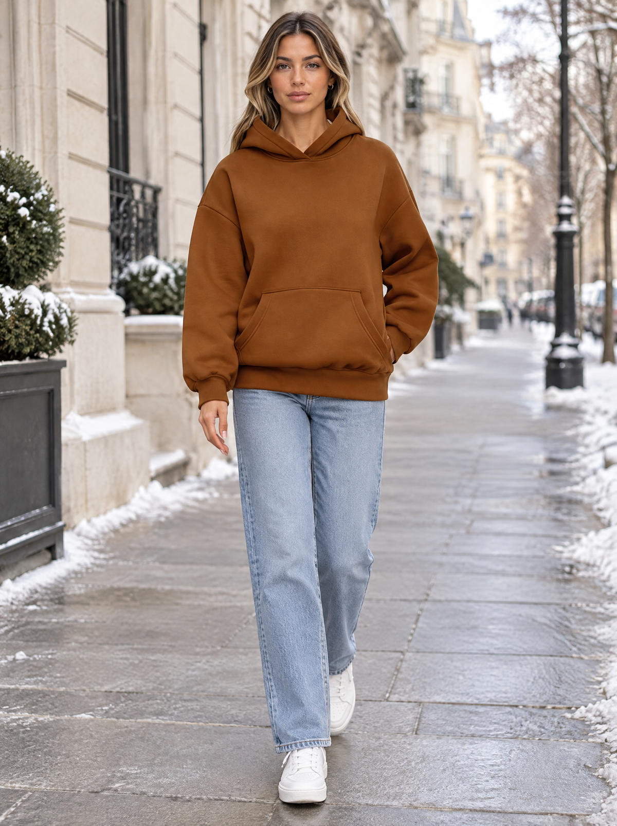 Essential Oversized Fleece Pullover Hoodie in Rust – styled look