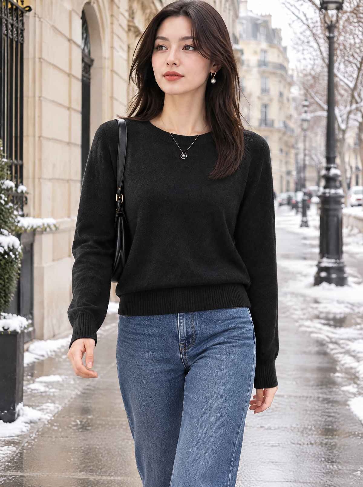 Essential Soft Knit Crew Neck Sweater in Black – styled look