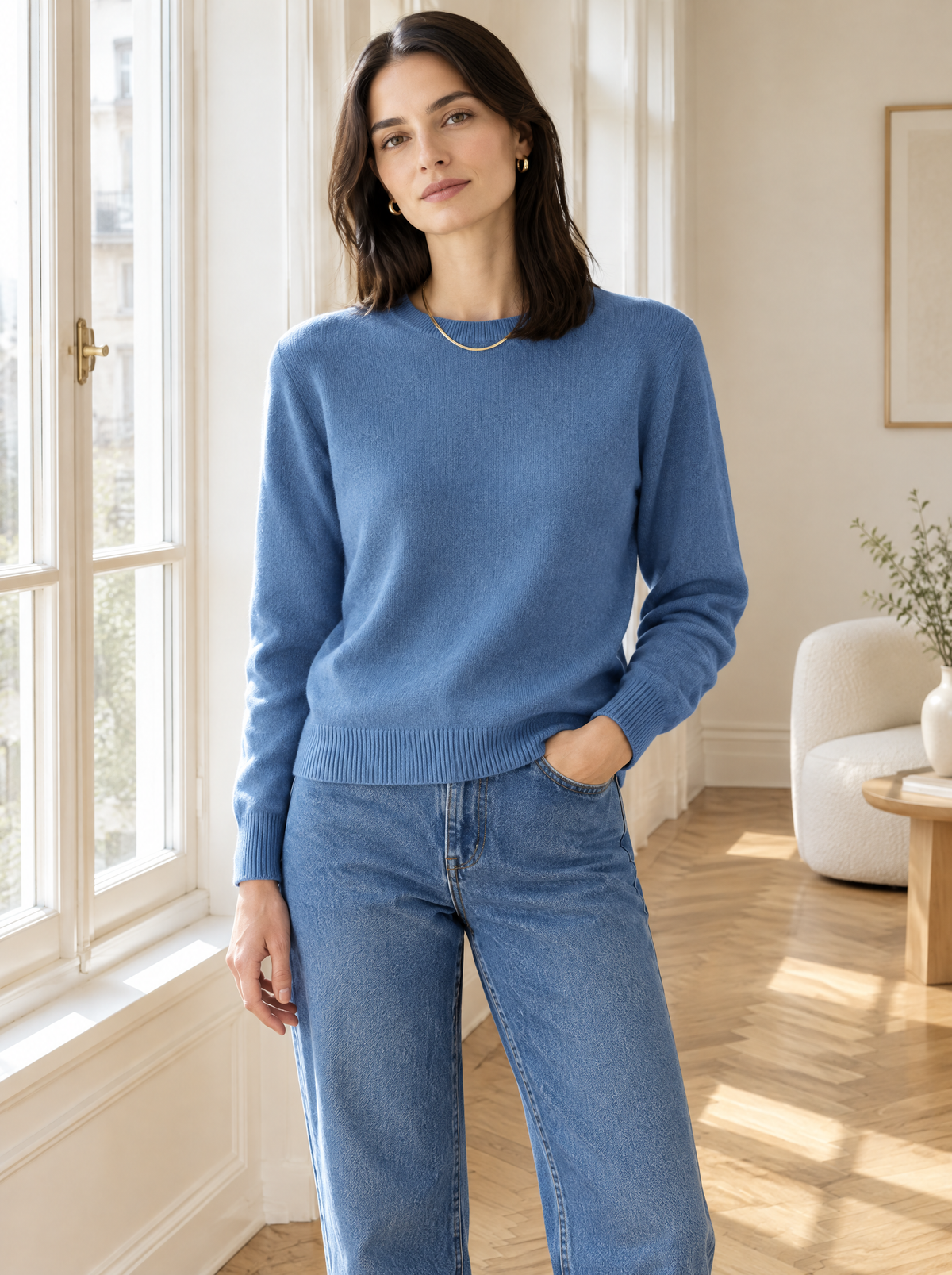 Essential Soft Knit Crew Neck Sweater in Blue – styled look