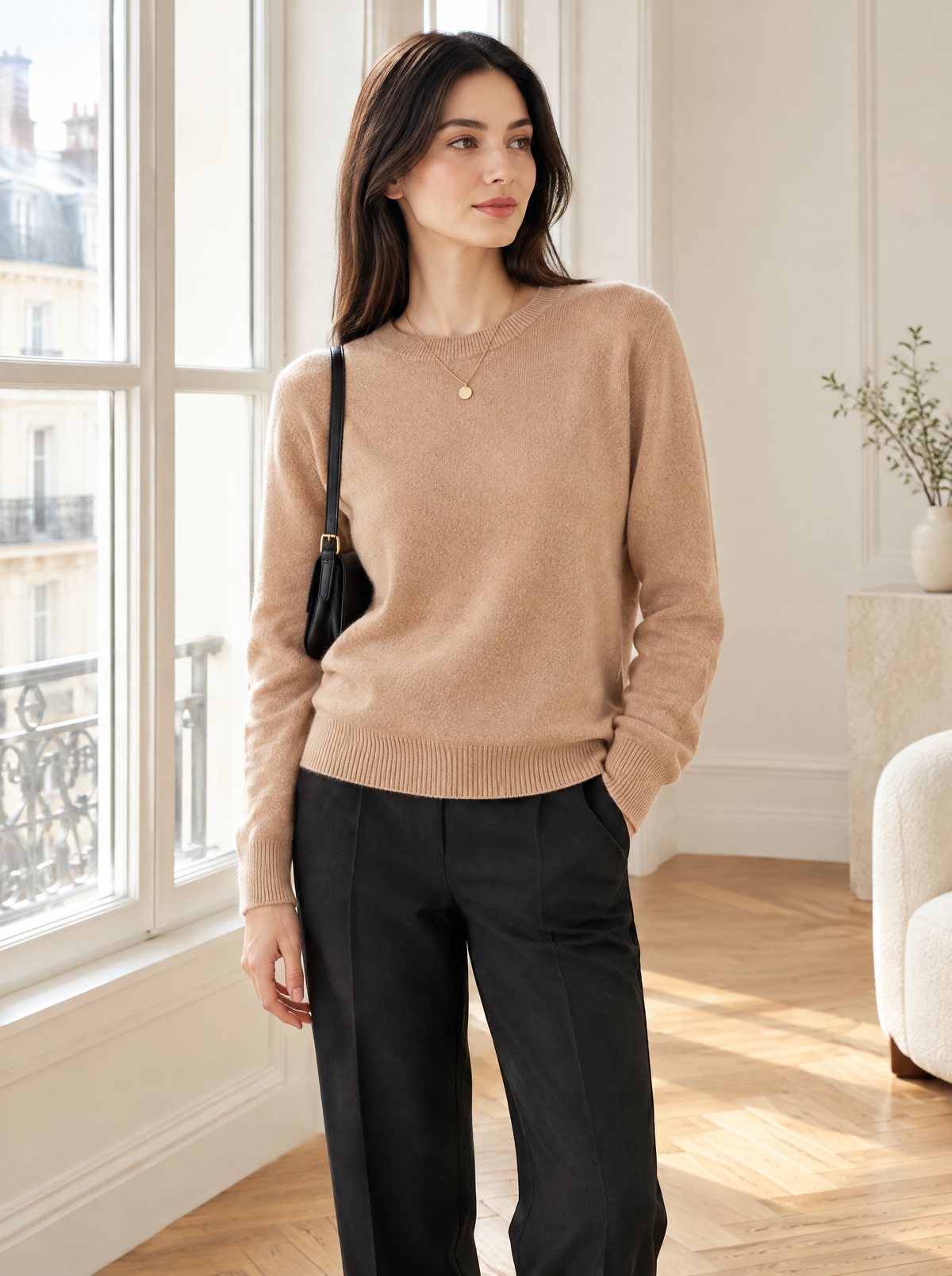 Essential Soft Knit Crew Neck Sweater in Camel – styled look