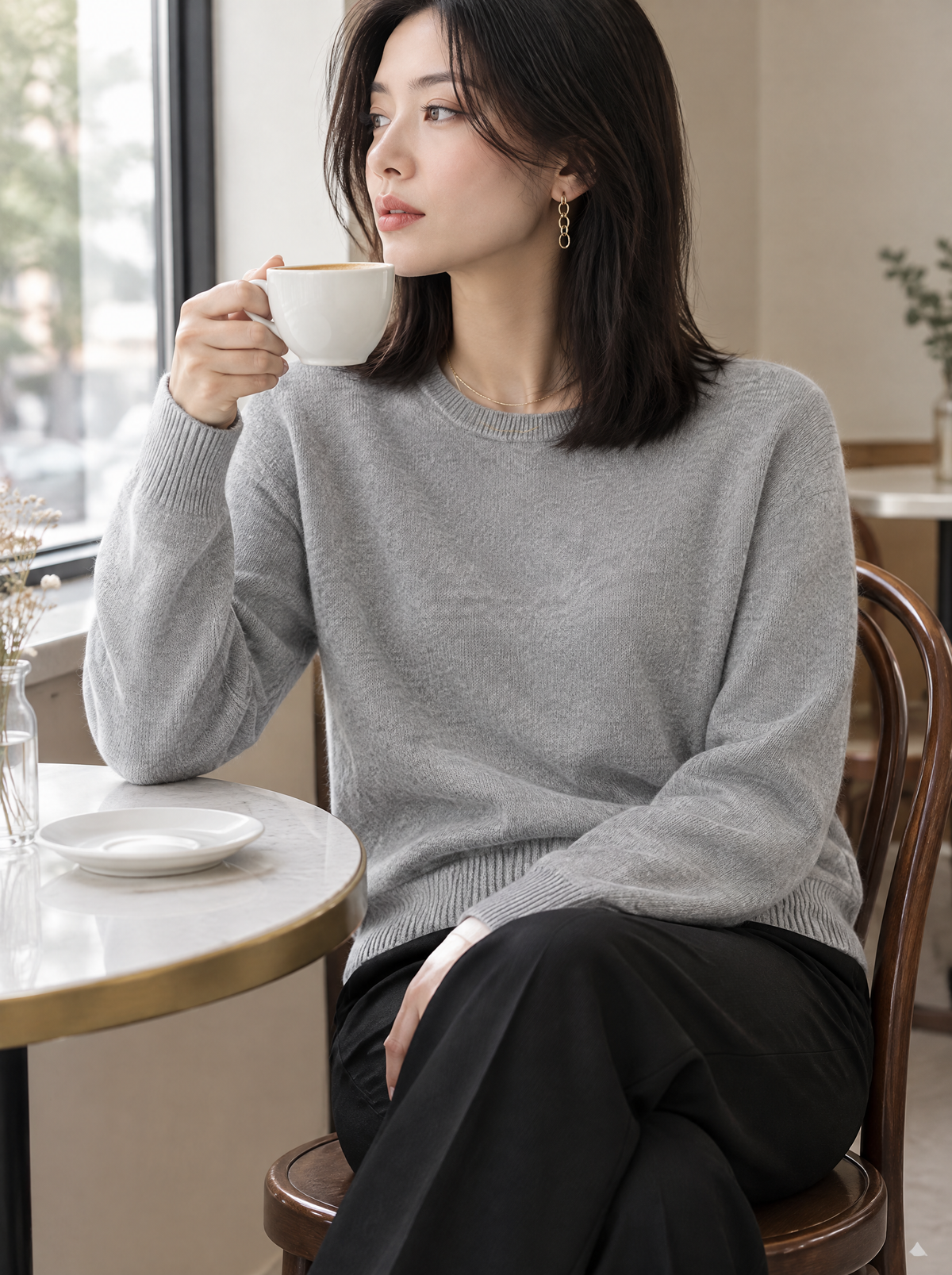 Essential Soft Knit Crew Neck Sweater in Light Grey – styled look