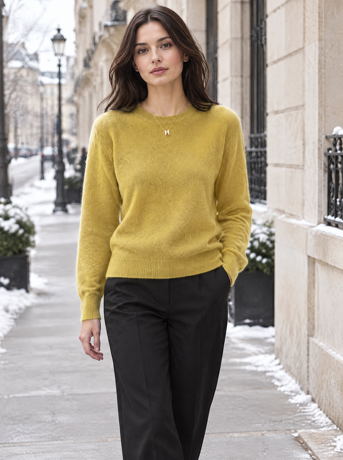 Essential Soft Knit Crew Neck Sweater in Mustard – styled look