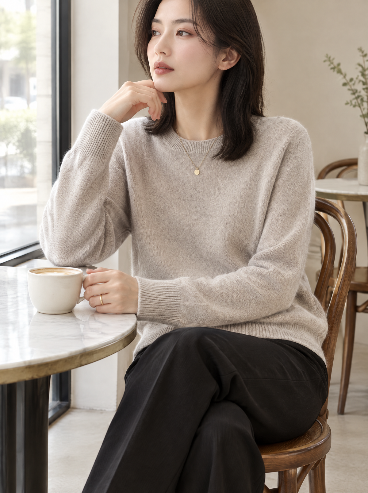 Essential Soft Knit Crew Neck Sweater in Oatmeal – styled look