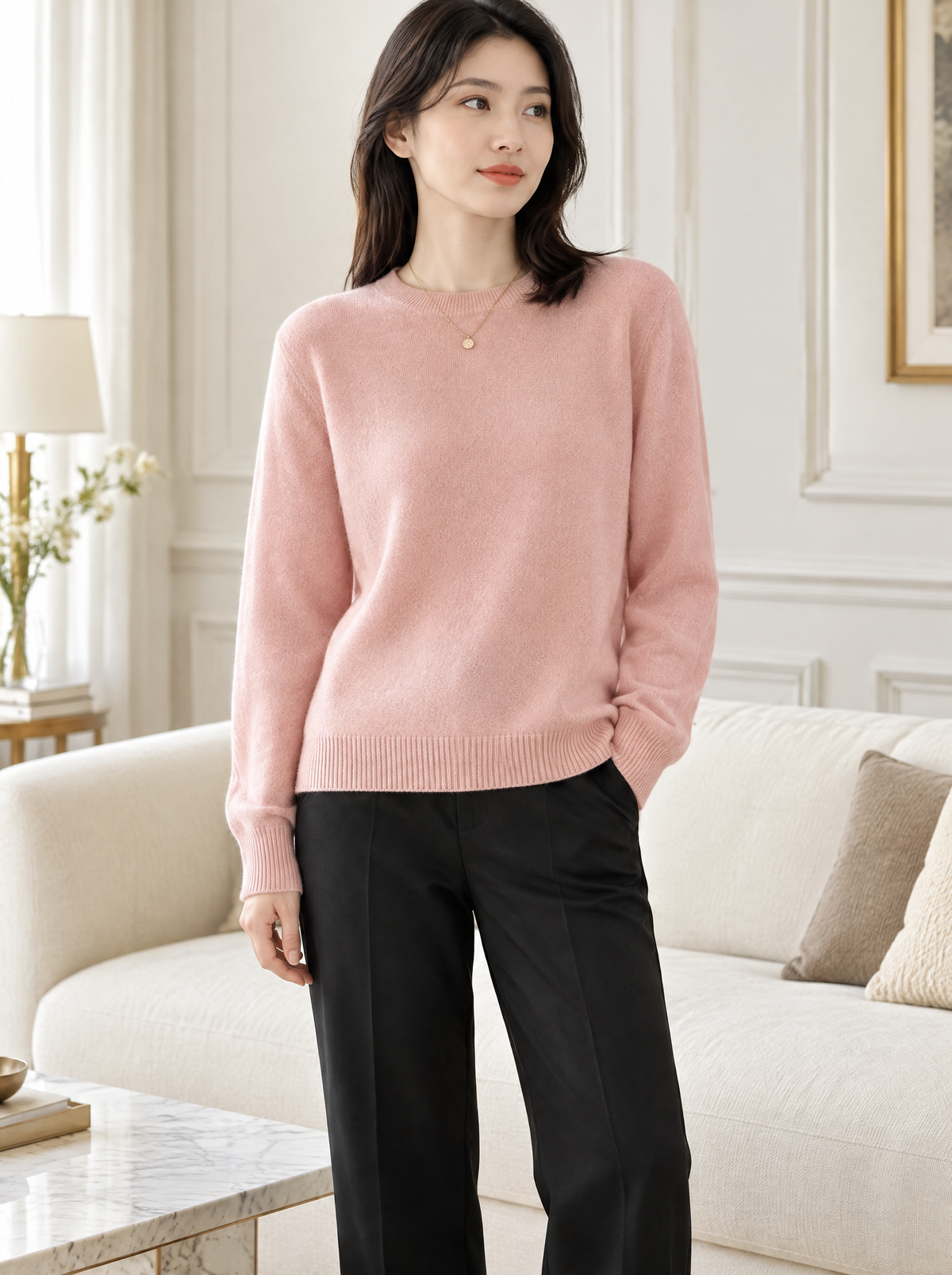 Essential Soft Knit Crew Neck Sweater in Pink – styled look