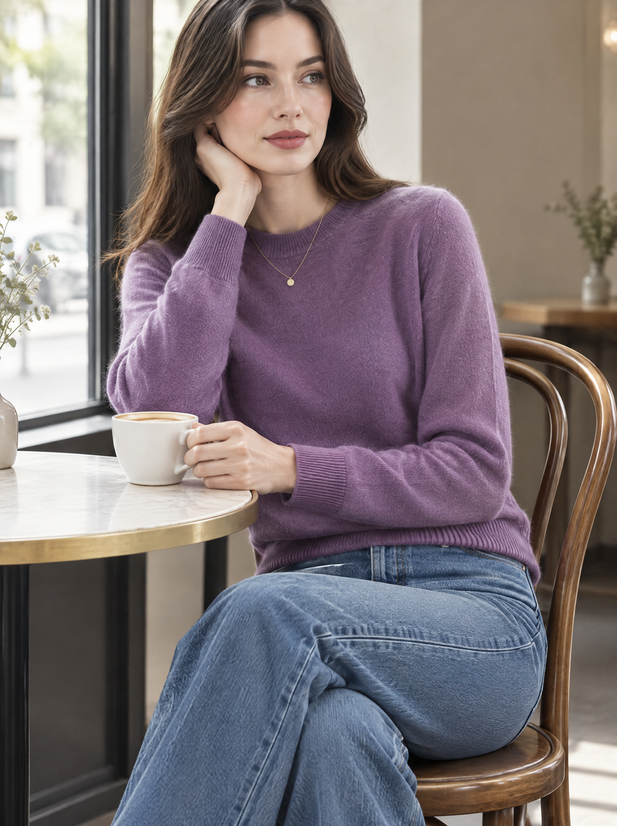 Essential Soft Knit Crew Neck Sweater in Purple – styled look