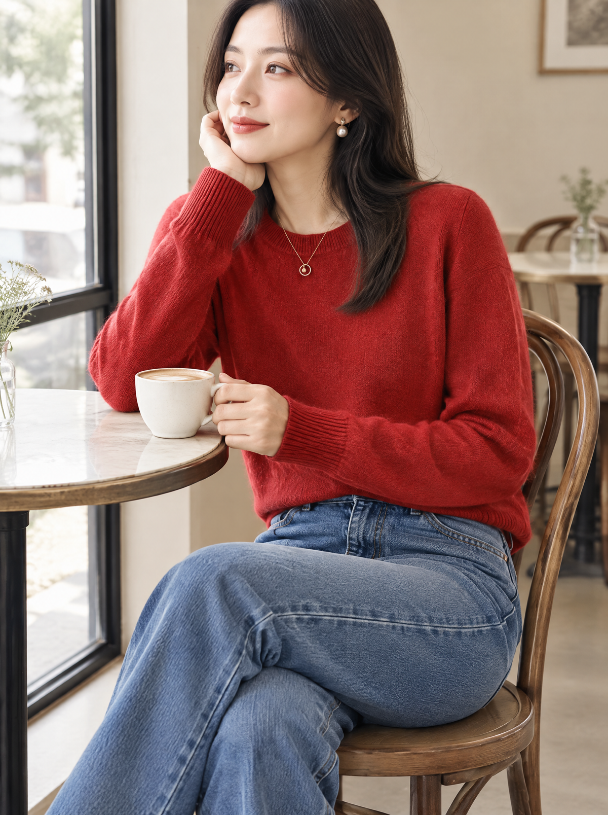 Essential Soft Knit Crew Neck Sweater in Red – styled look