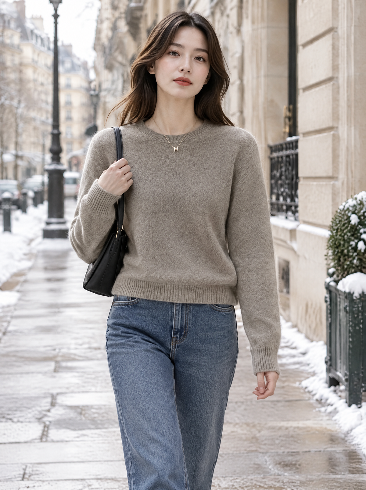 Essential Soft Knit Crew Neck Sweater in Taupe – styled look