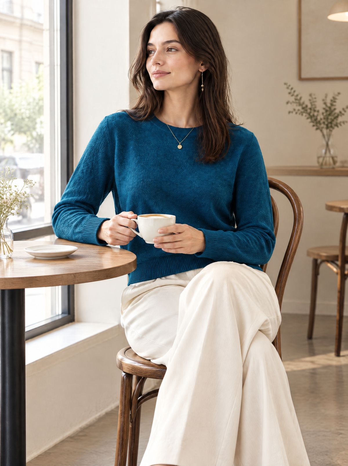 Essential Soft Knit Crew Neck Sweater in Teal – styled look 2