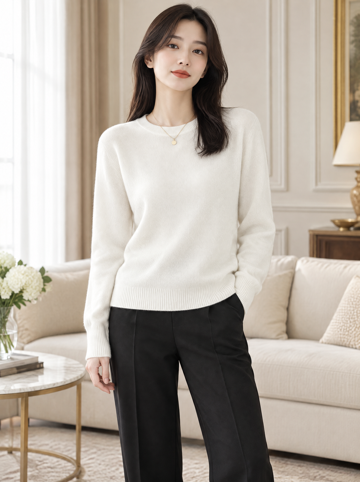 Essential Soft Knit Crew Neck Sweater in White – styled look