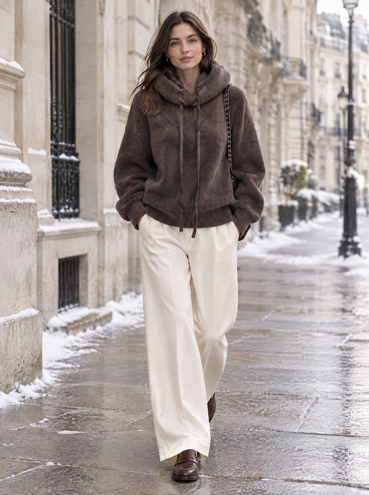 Signature Chunky Knit Drawstring Hoodie in Brown – styled look