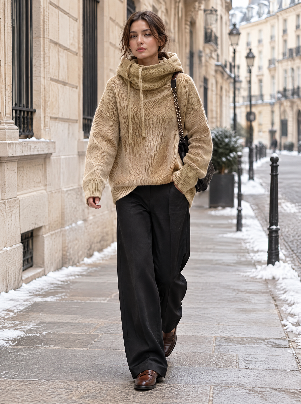 Signature Chunky Knit Drawstring Hoodie in Camel – styled look