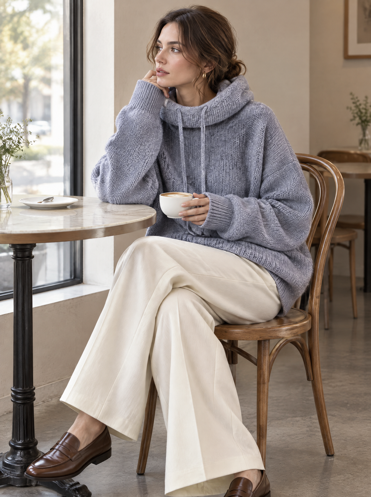 Signature Chunky Knit Drawstring Hoodie in Grey – styled look