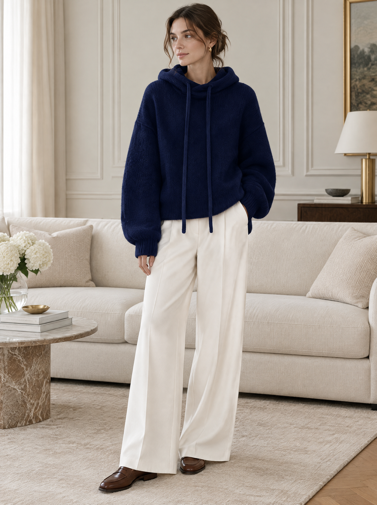 Signature Chunky Knit Drawstring Hoodie in Navy – styled look