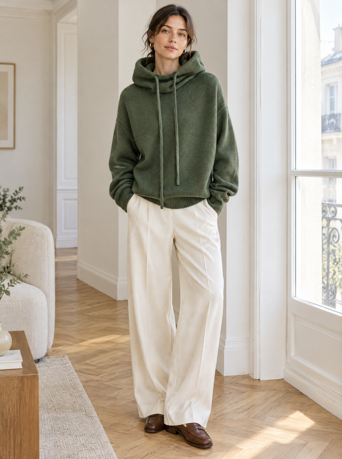 Signature Chunky Knit Drawstring Hoodie in Olive – styled look
