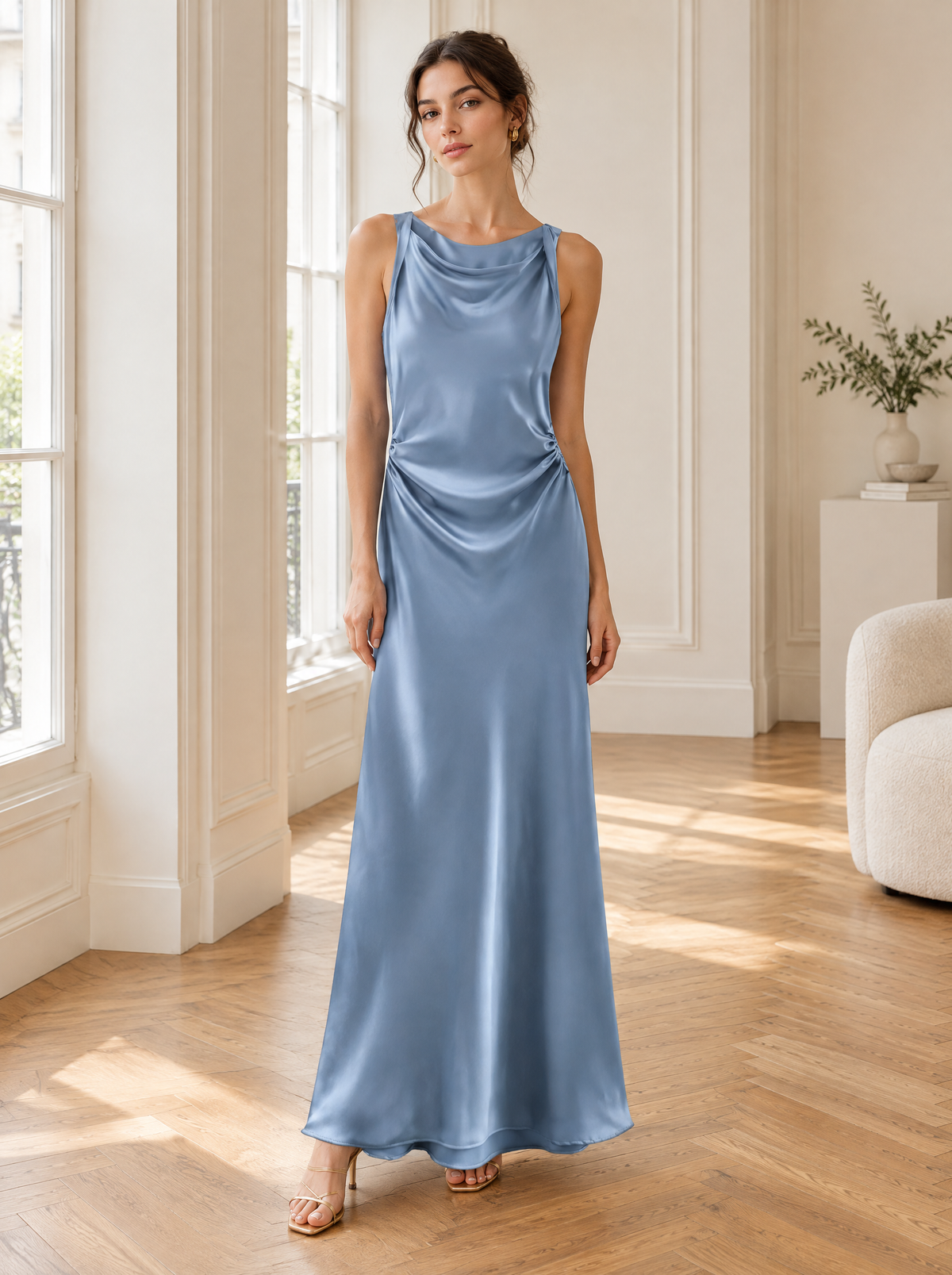 Signature Satin Cowl Neck Ruched Maxi Dress in Dusty Blue – styled look