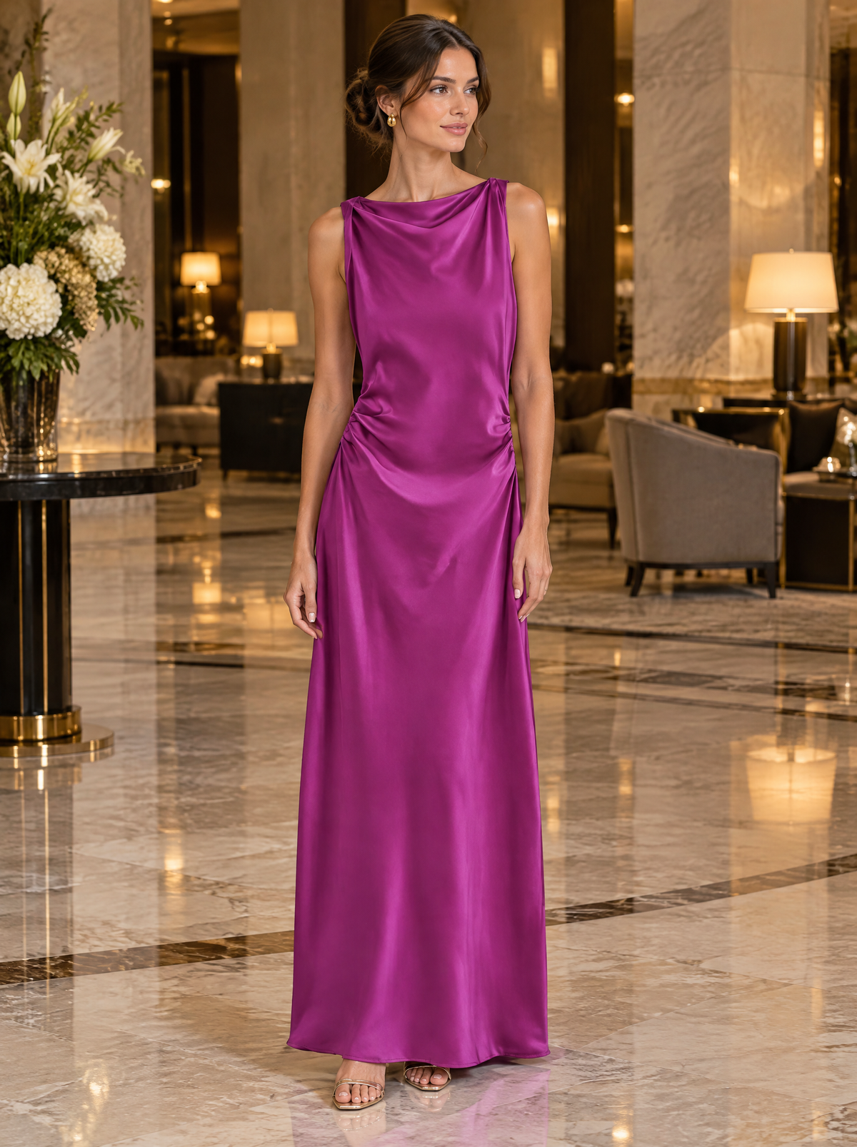 Signature Satin Cowl Neck Ruched Maxi Dress in Magenta – styled look