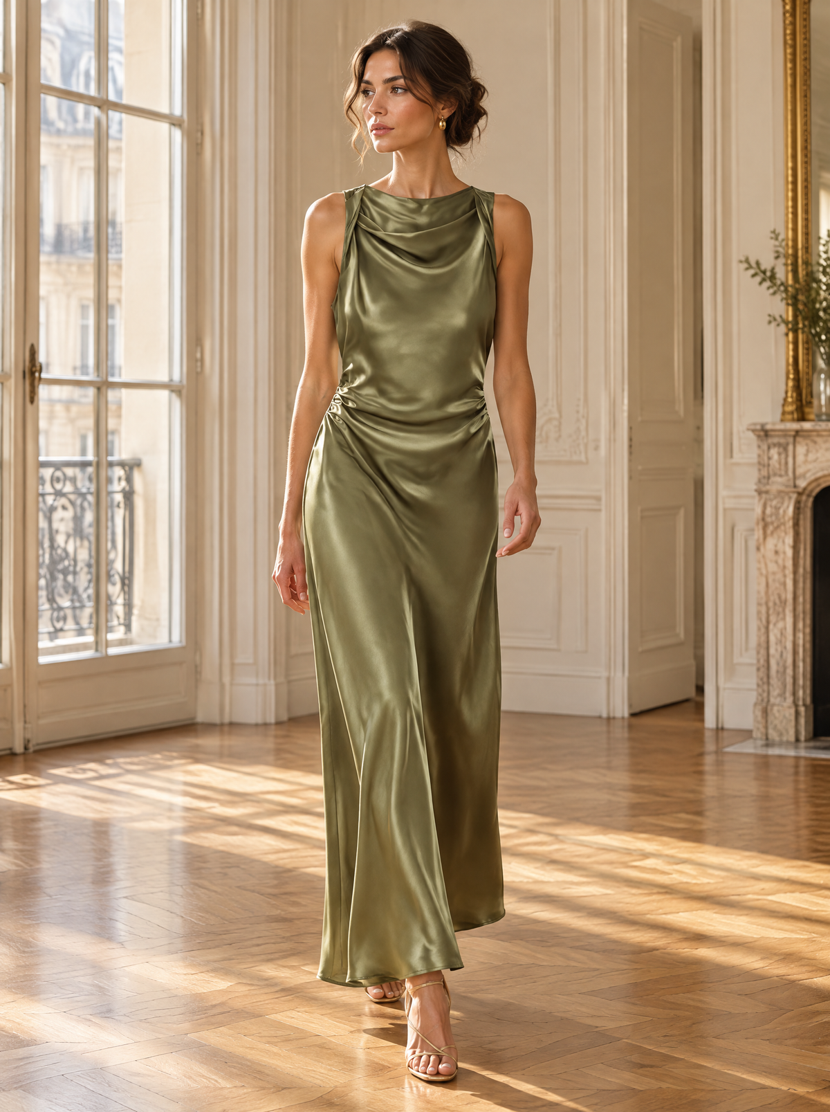 Signature Satin Cowl Neck Ruched Maxi Dress in Olive – styled look