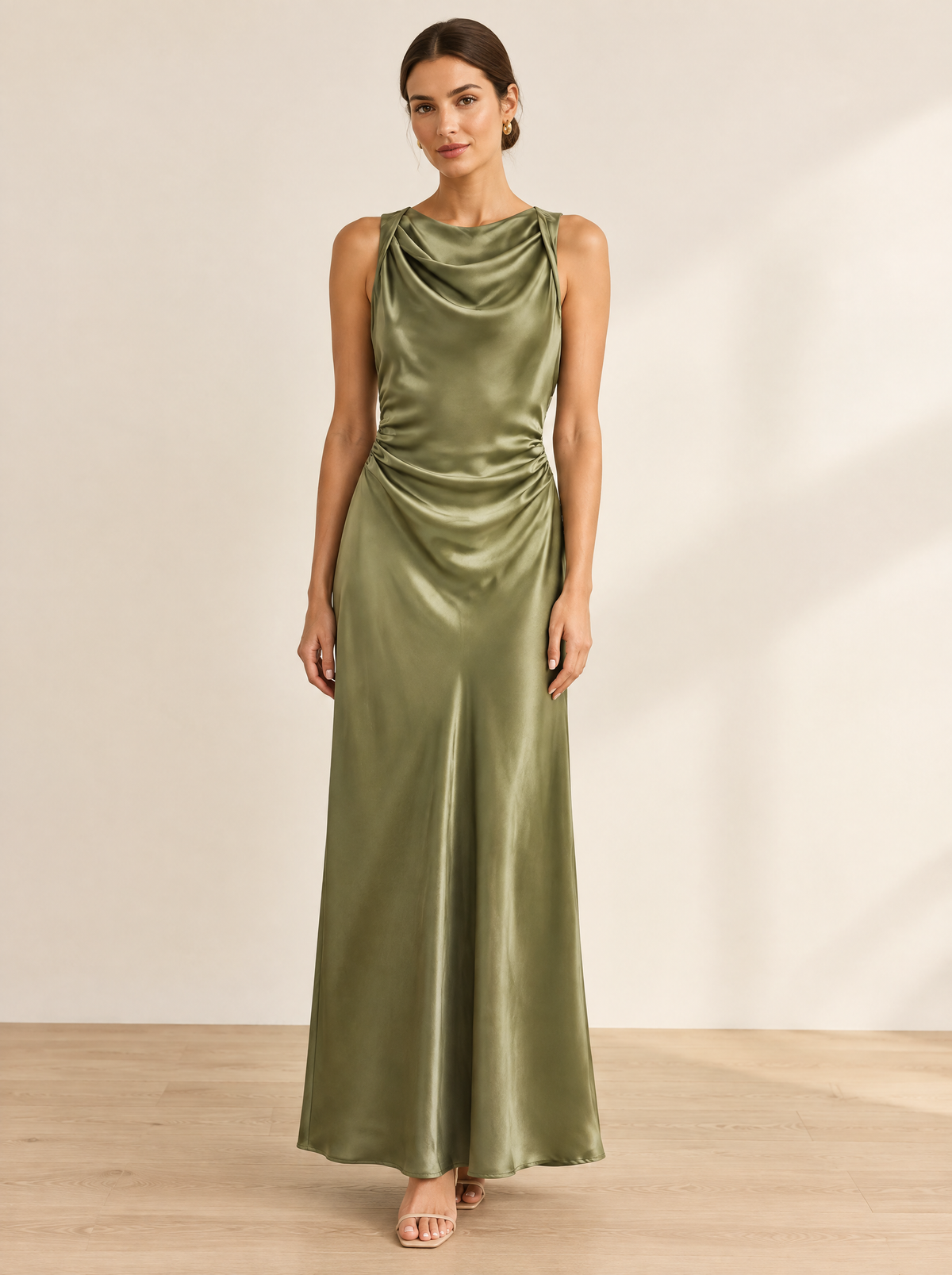 Signature Satin Cowl Neck Ruched Maxi Dress in Olive