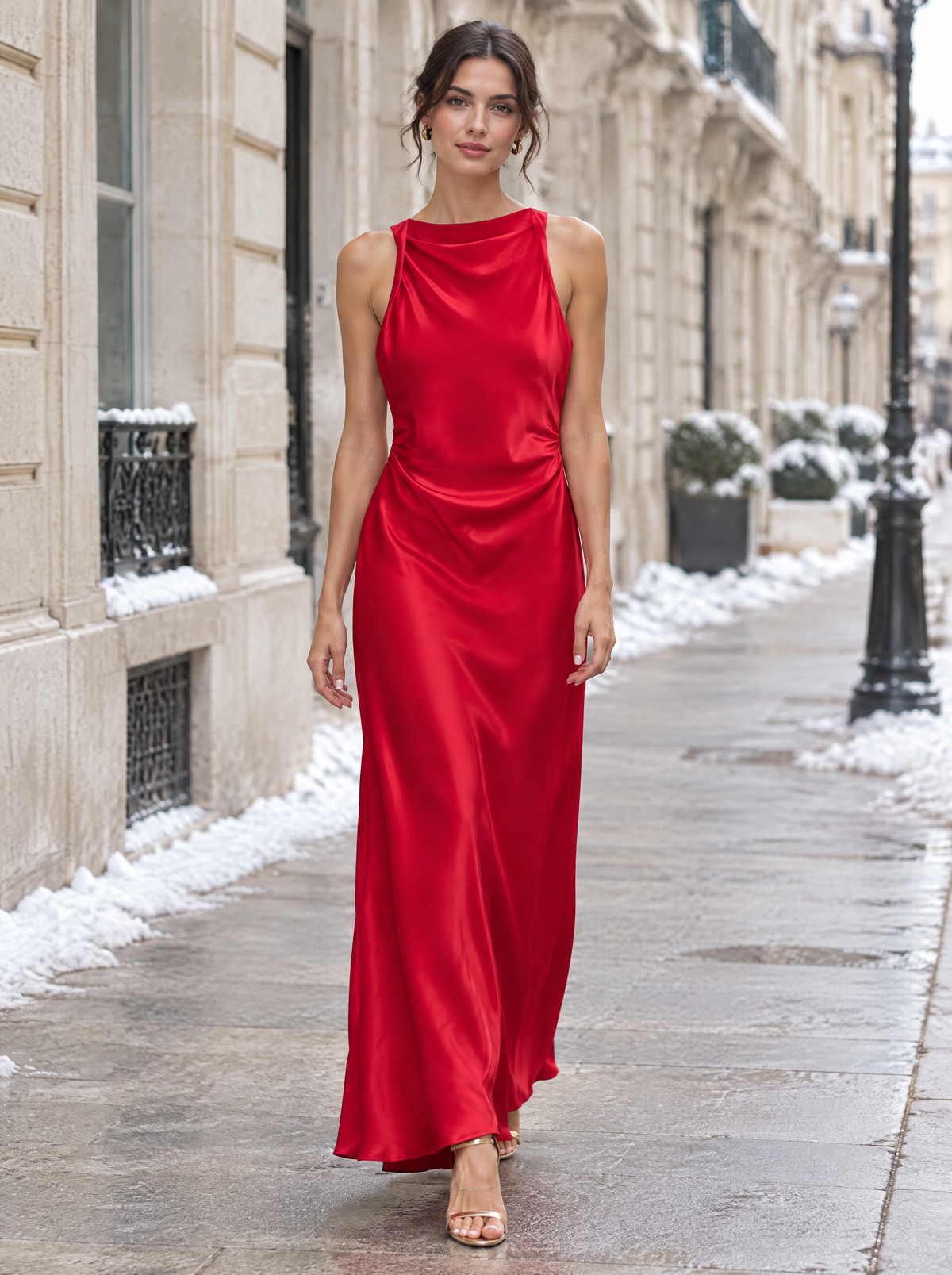 Signature Satin Cowl Neck Ruched Maxi Dress in Red – styled look